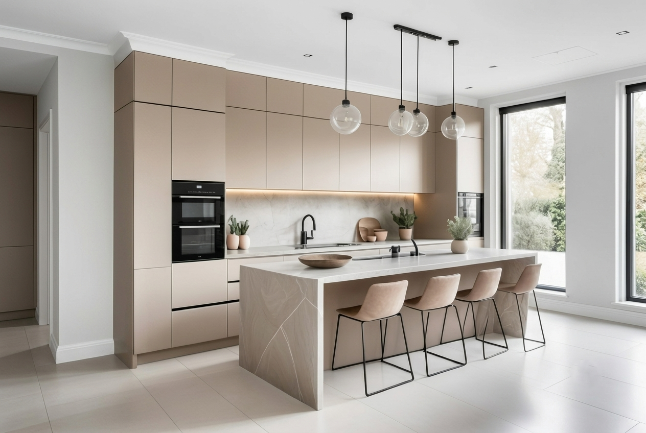 A modern Kitchen design with beighe island and cabinetry combination. Kitchen Design Services