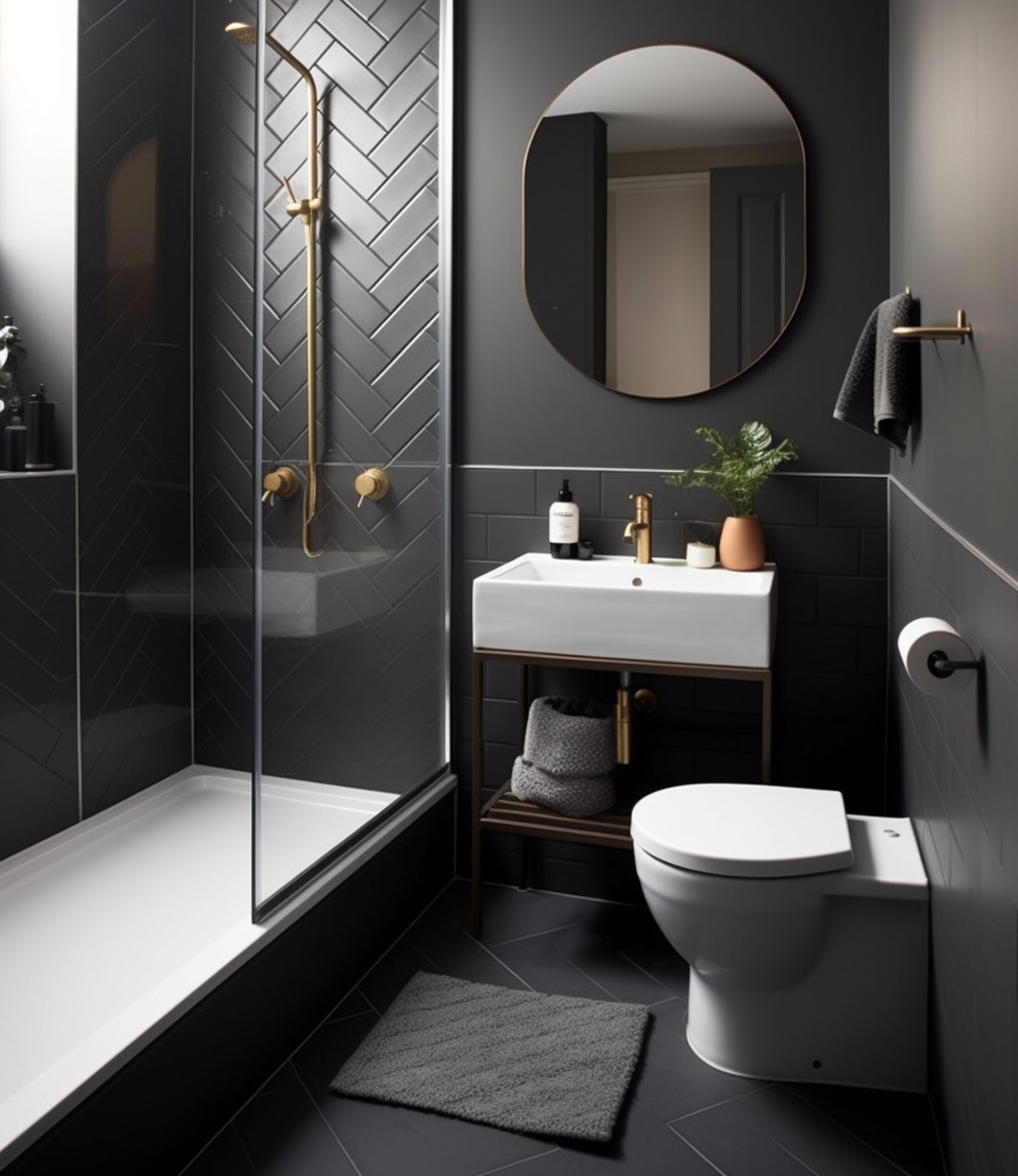 Dark bathroom design with black herringbone tile, brass shower fixtures, round mirror and compact vanity