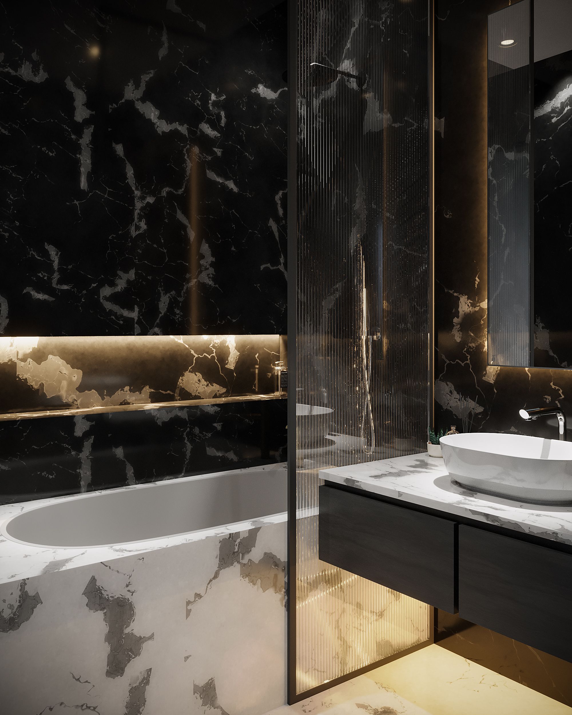 Dark bathroom design 3D render with black marble walls, built-in marble tub, reeded glass divider and floating vanity