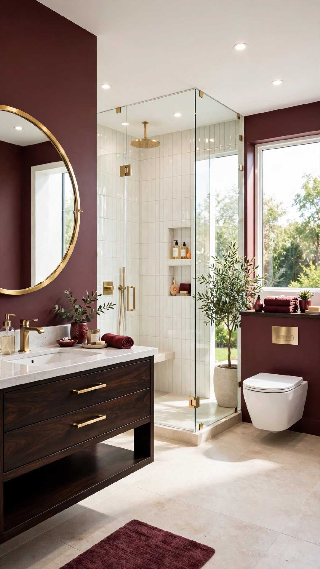 Burgundy bathroom design with dark wood vanity, brass round mirror, glass corner shower and wall-hung toilet
