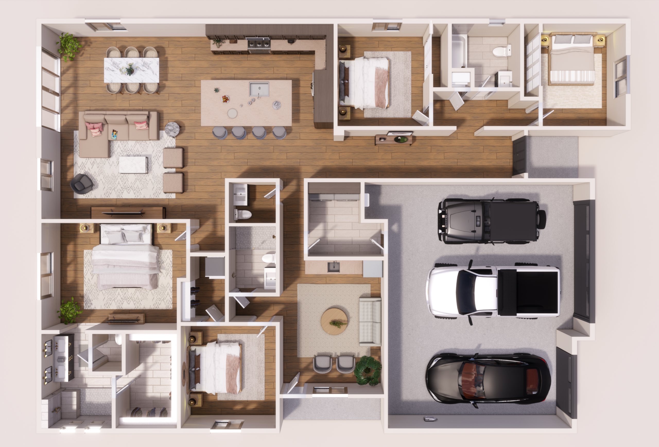 Top-view 3D floor plan of a large single-story home with four bedrooms, open kitchen with island, living area and three-car garage