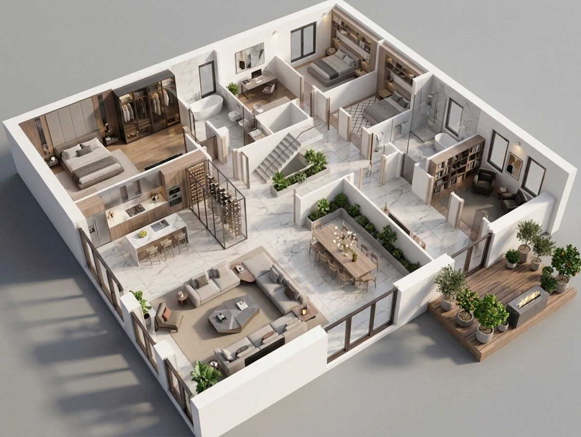Luxury 3D floor plan with open kitchen, living room, dining area, wine cellar, bedrooms and terrace with fire pit