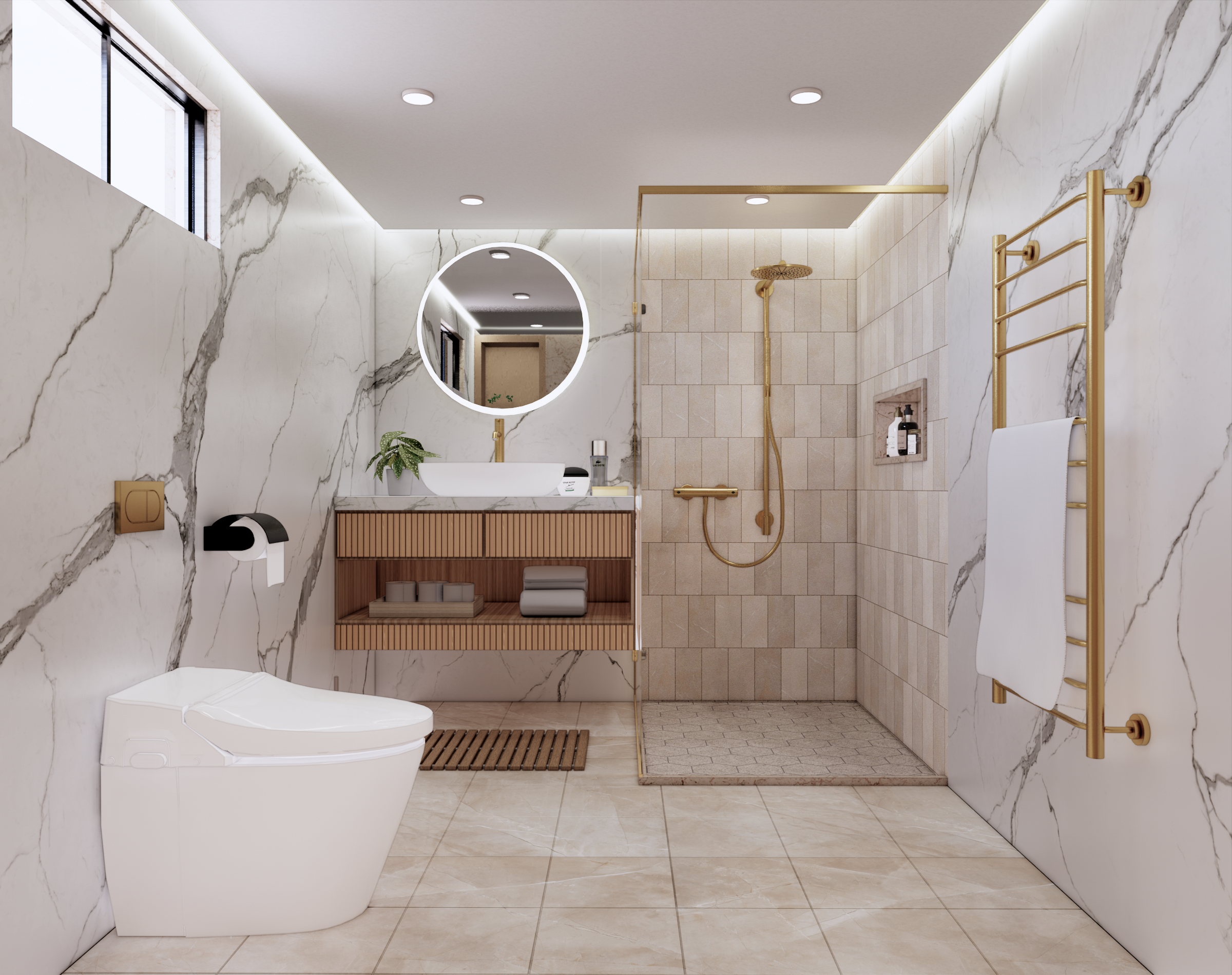 Modern bathroom design 3D render with marble walls, brass fixtures, floating wood vanity and walk-in shower