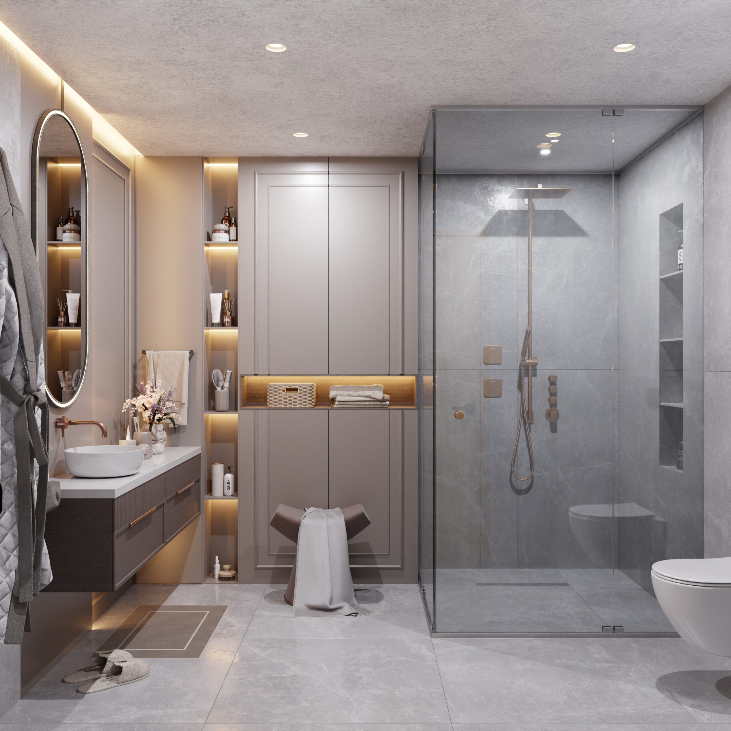 Modern gray bathroom design 3D render with glass shower, backlit storage niches, oval mirror and floating vanity