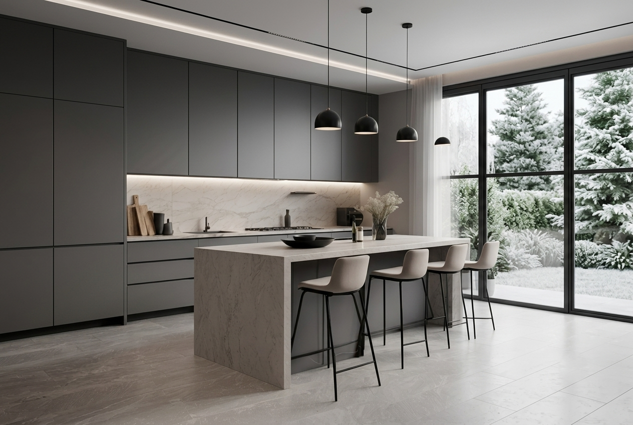Modern gray kitchen design 3D render with marble island, black pendant lights and floor-to-ceiling windows