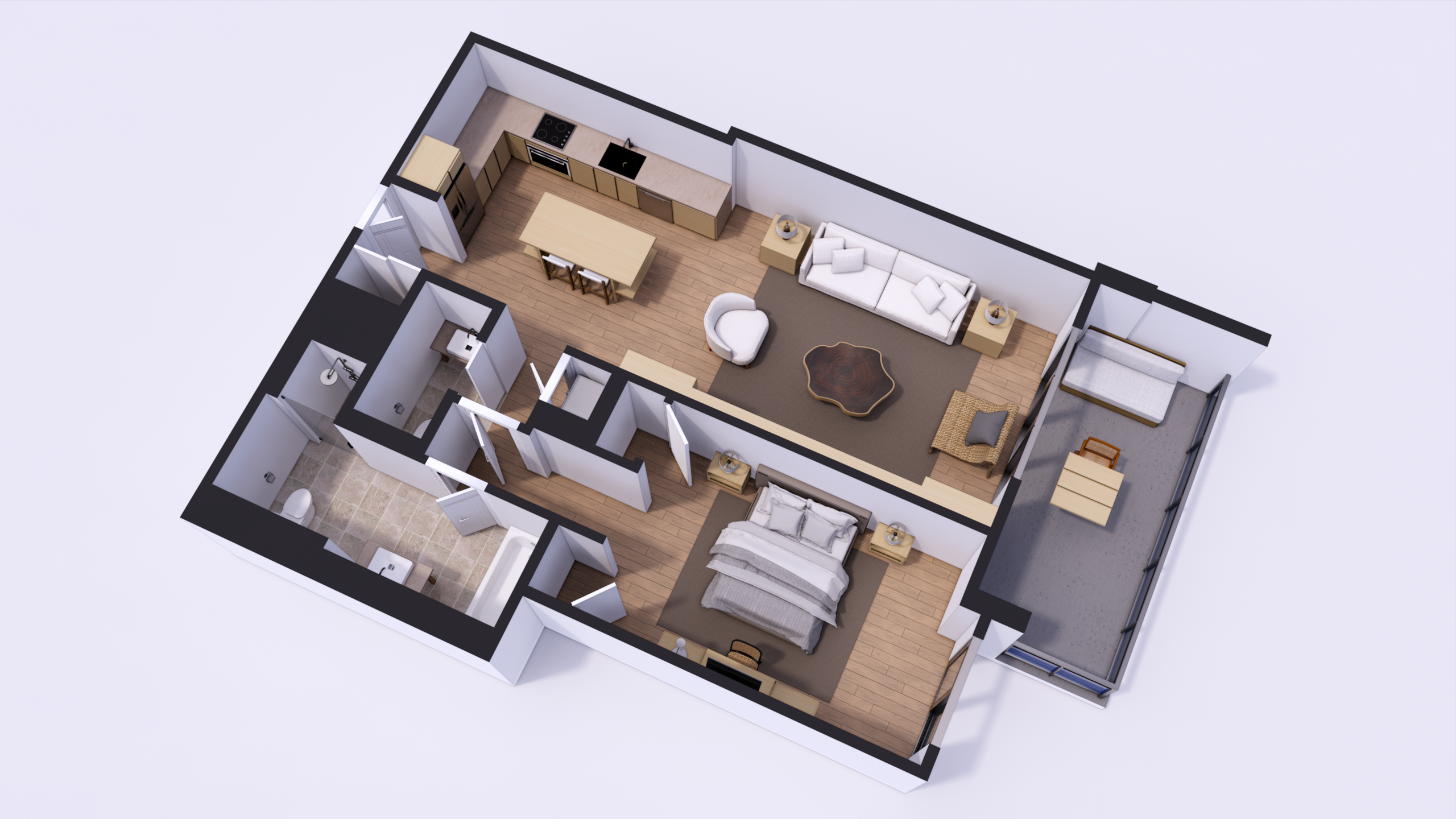 3D floor plan of a one-bedroom apartment with open kitchen, living room, two bathrooms and balcony