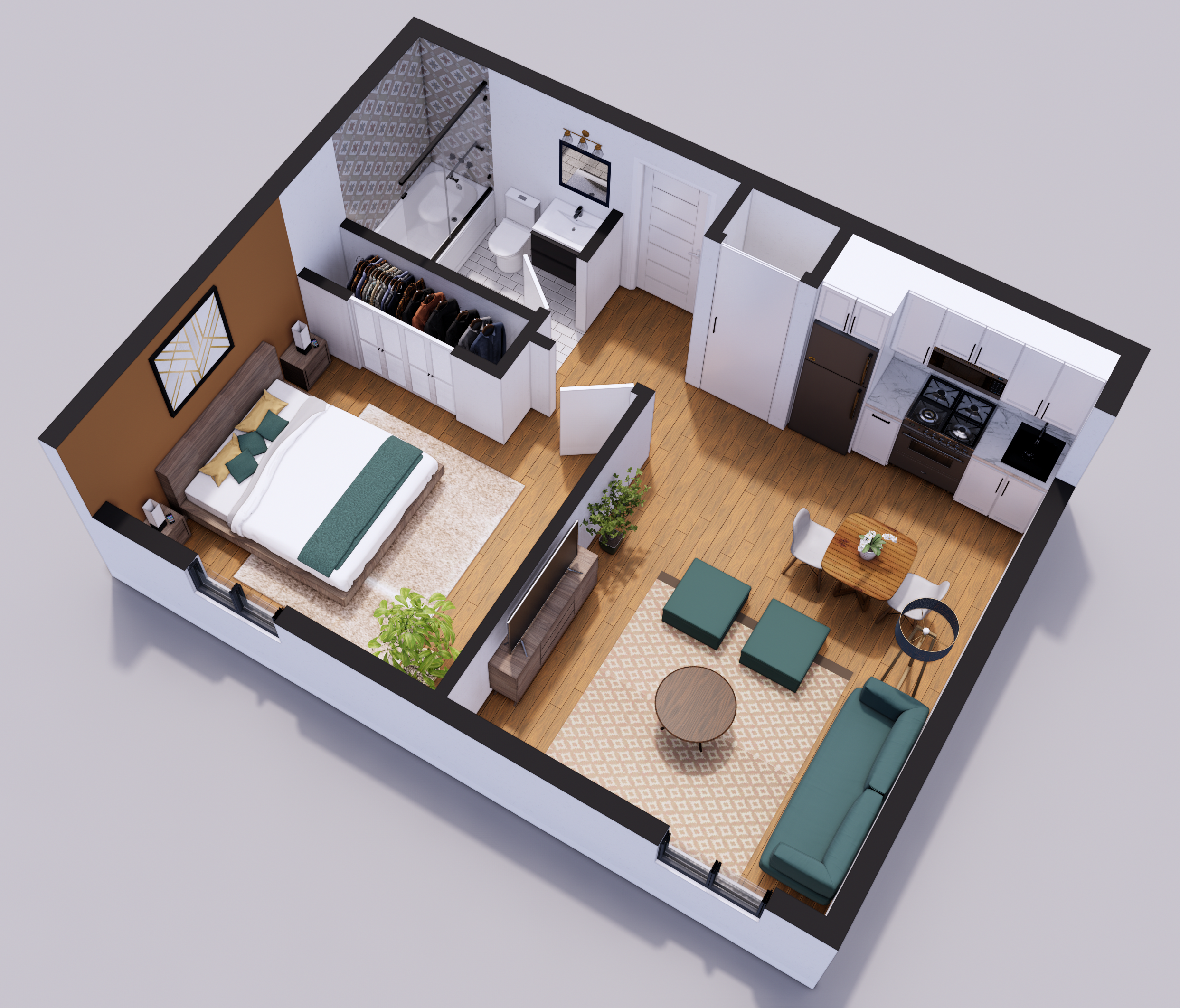 3D floor plan of a one-bedroom apartment with open kitchen, living area, walk-in closet and bathroom with tub