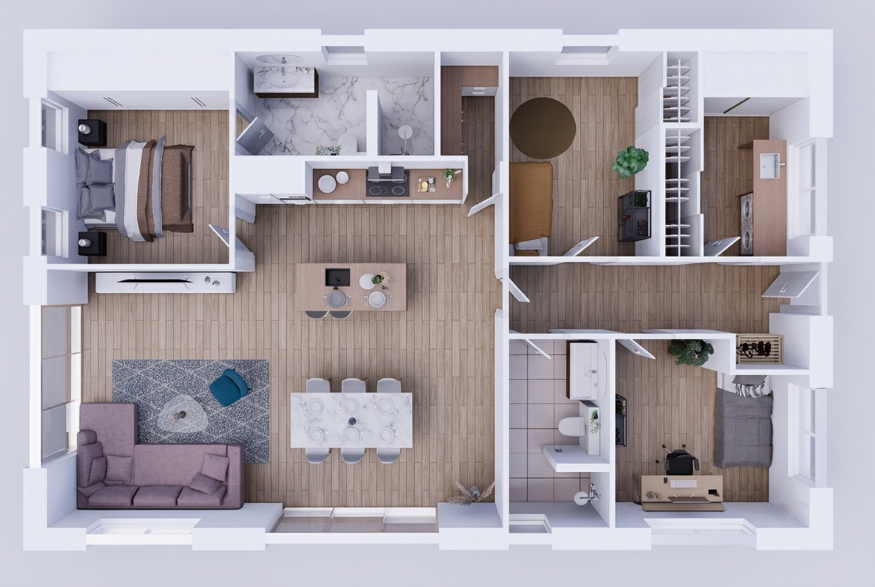 Top-view 3D floor plan of an open-plan home with kitchen island, living area, dining table, bedrooms and marble bathroom