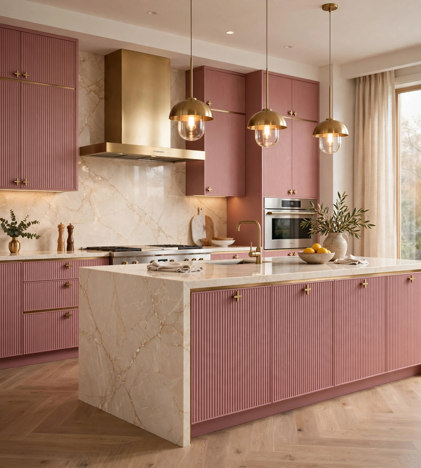 Pink kitchen design 3D render with fluted cabinets, marble waterfall island and brass hood
