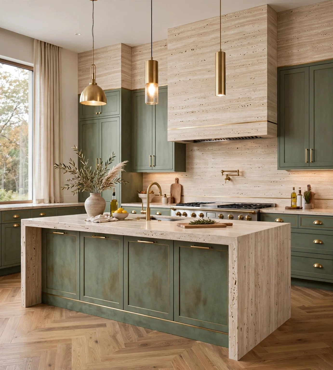 Sage green kitchen design 3D render with travertine waterfall island, brass pendants and herringbone floor
