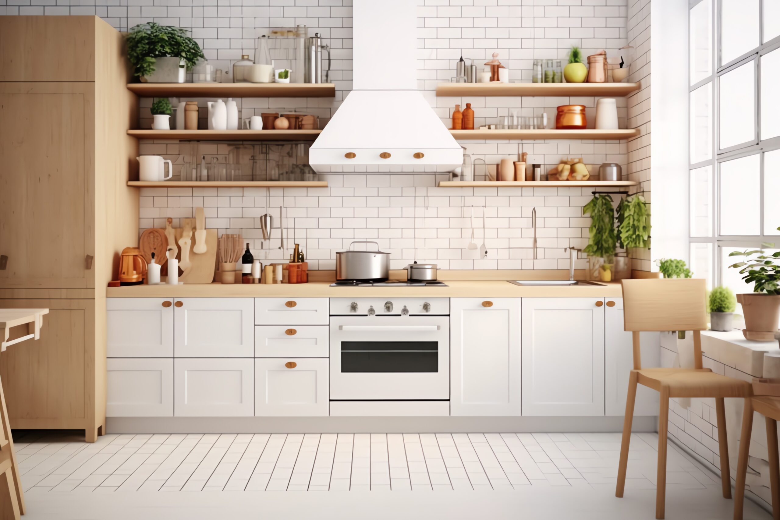 Scandinavian kitchen design 3D render with white shaker cabinets, subway tile and wood open shelves