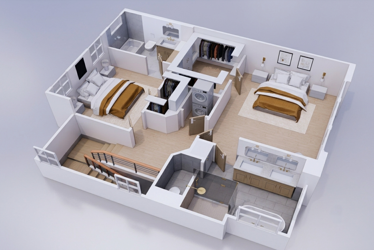 3D floor plan of a second floor with two bedrooms, walk-in closets, laundry area and two bathrooms