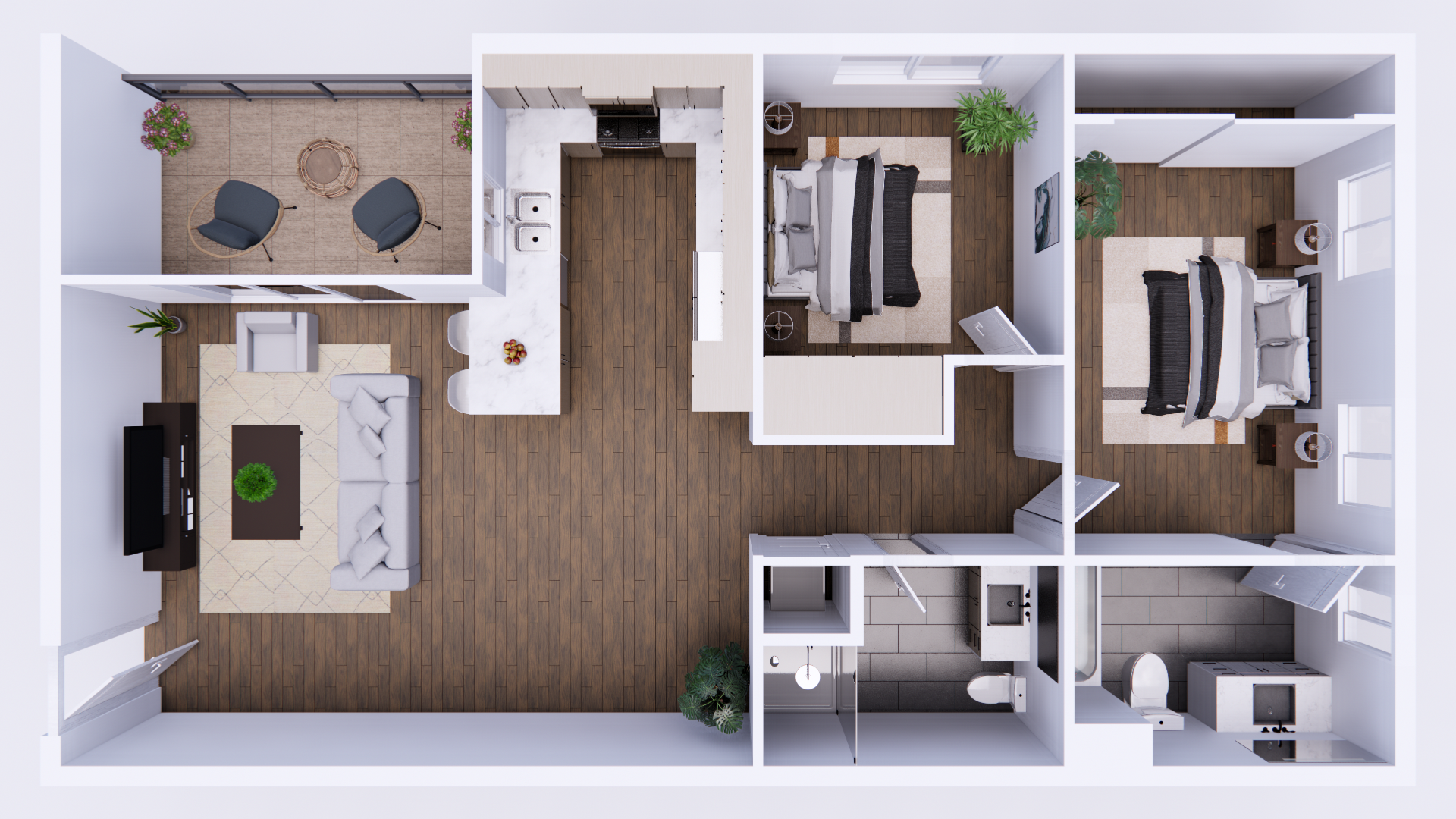 Top-view 3D floor plan of a two-bedroom apartment with L-shaped marble kitchen, living room, two bathrooms and balcony