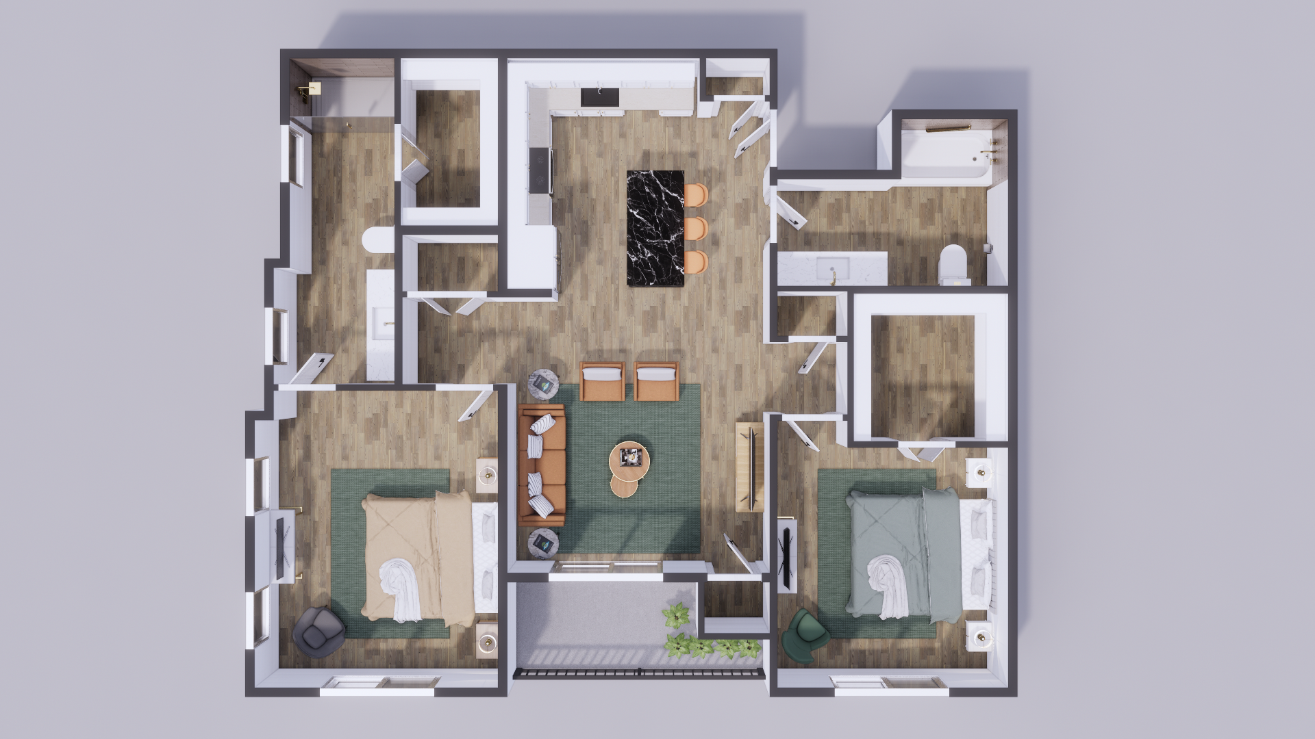 Top-view 3D floor plan of a two-bedroom apartment with open kitchen, black marble island, living room and balcony