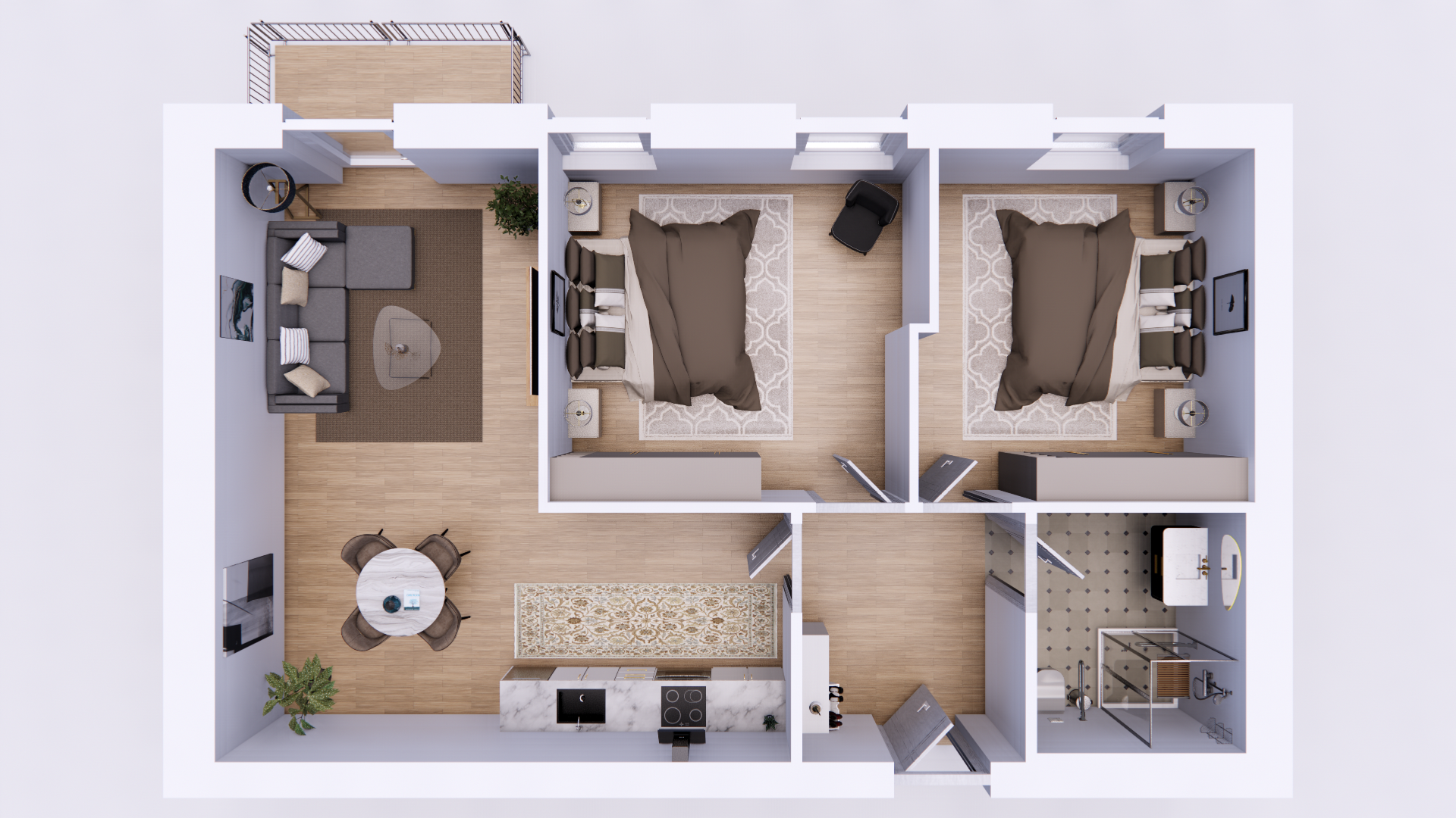 Top-view 3D floor plan of a two-bedroom apartment with open living, dining and kitchen area, bathroom with shower and balcony