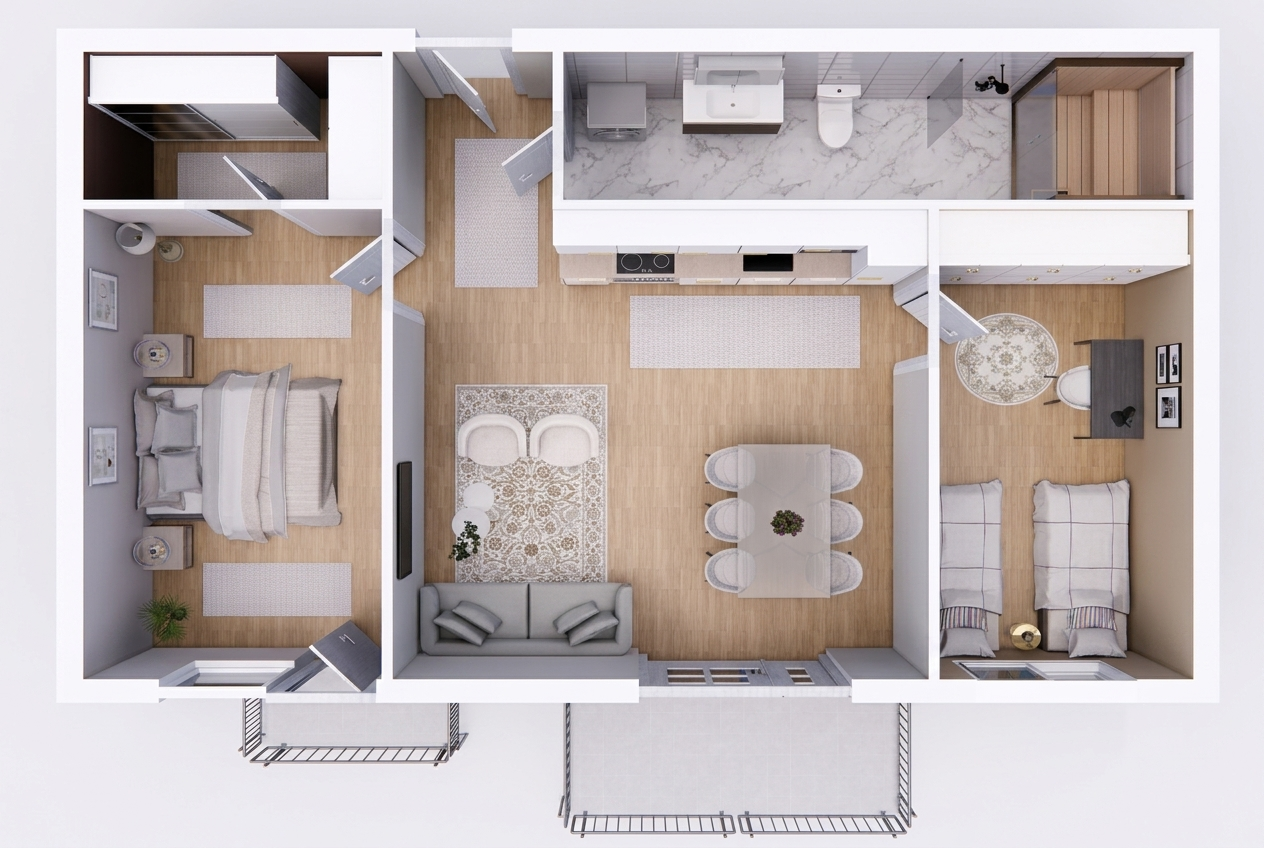 Top-view 3D floor plan of a two-bedroom apartment with living room, dining area, sauna bathroom and balconies