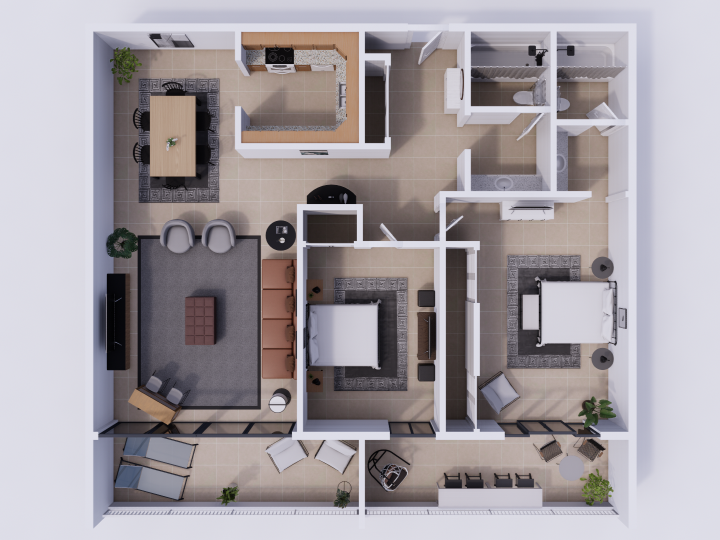 Top-view 3D floor plan of a two-bedroom apartment with U-shaped kitchen, dining area, living room and two balconies