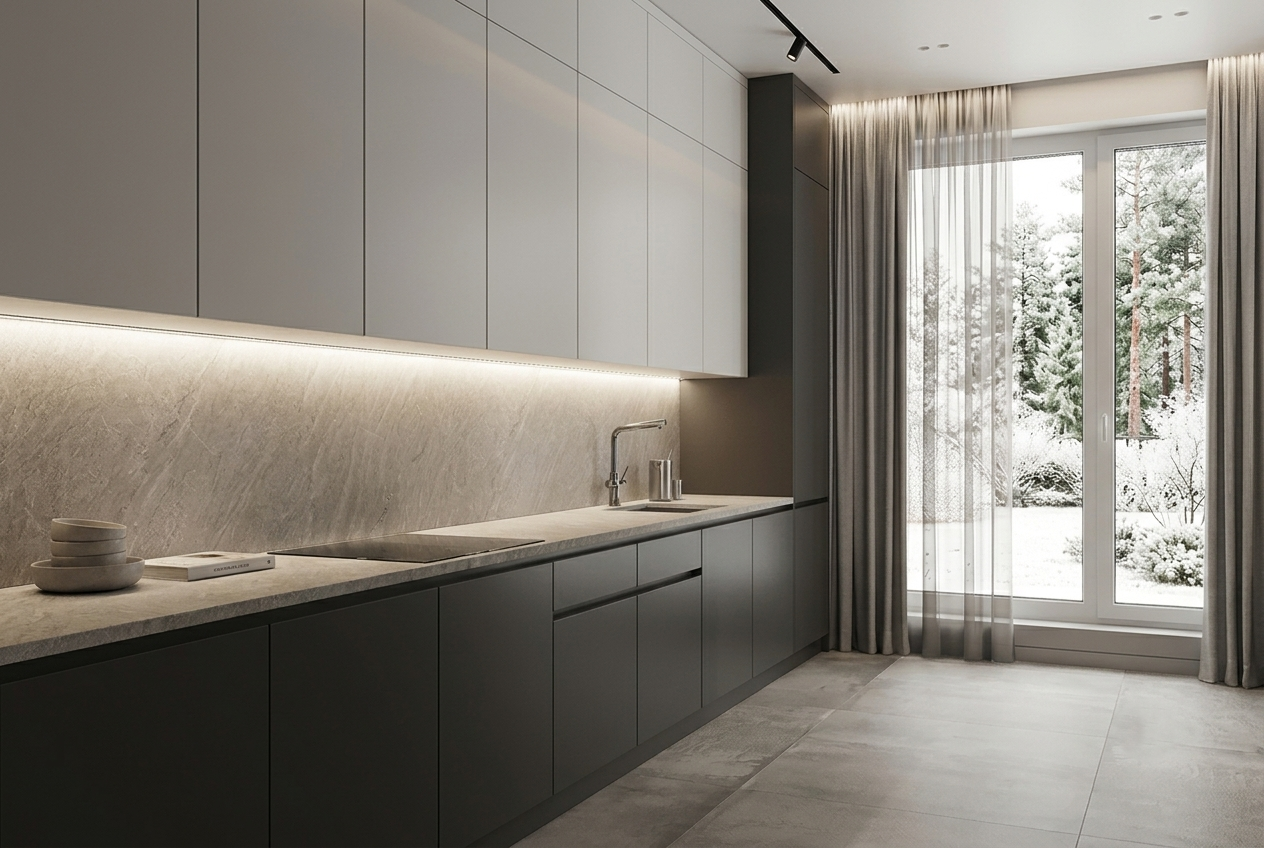 Minimalist kitchen design 3D render with two-tone handleless cabinets, stone backsplash and garden window