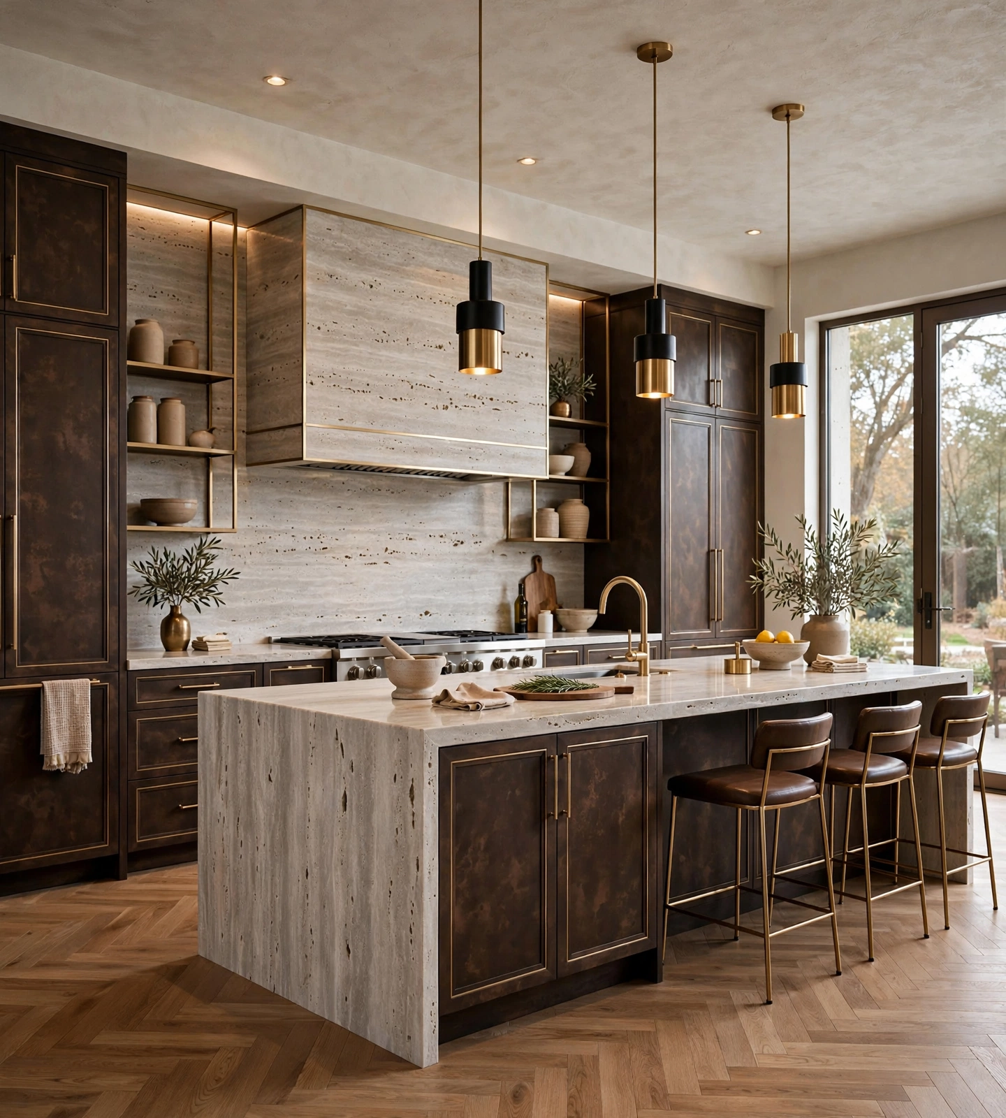 Luxury kitchen design 3D render with dark wood cabinets, travertine island and brass pendant lights