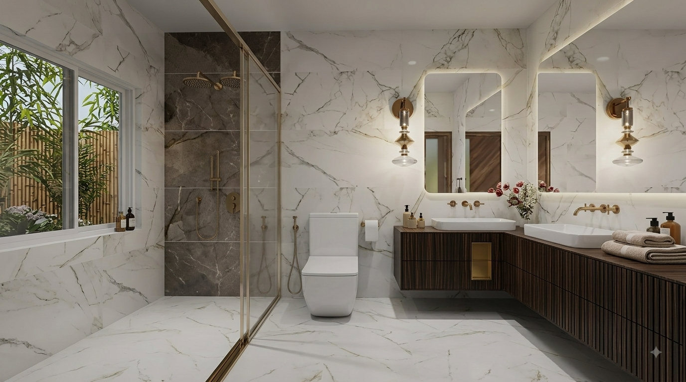 Luxury bathroom design with white marble walls, brass fixtures, dark fluted double vanity and glass walk-in shower