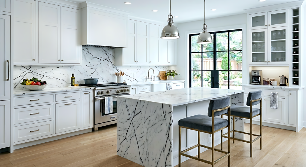 White traditional kitchen design 3D render with marble waterfall island and chrome pendant lights