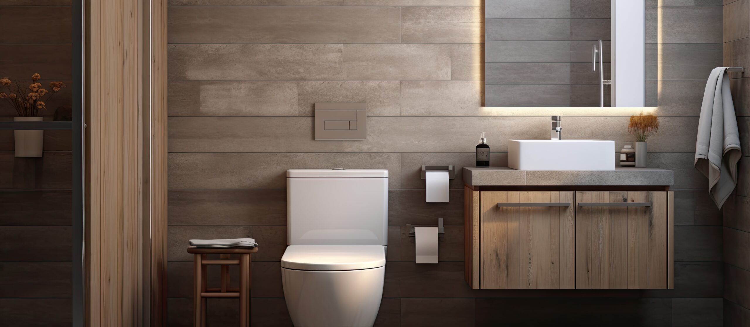Modern bathroom design with wood-look wall tile, floating wood vanity, vessel sink and backlit mirror