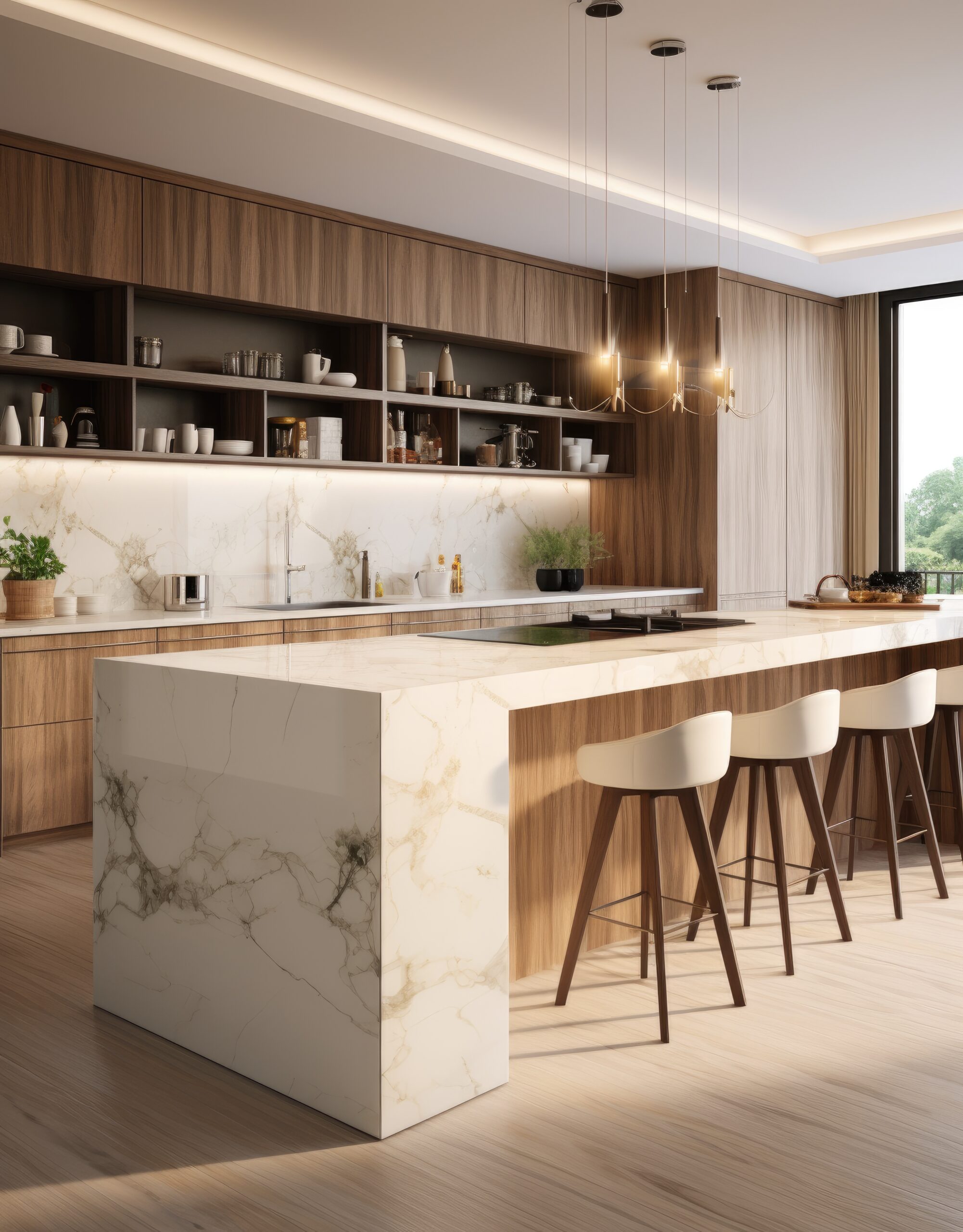 Warm wood kitchen design 3D render with marble waterfall island, open shelving and cream bar stools