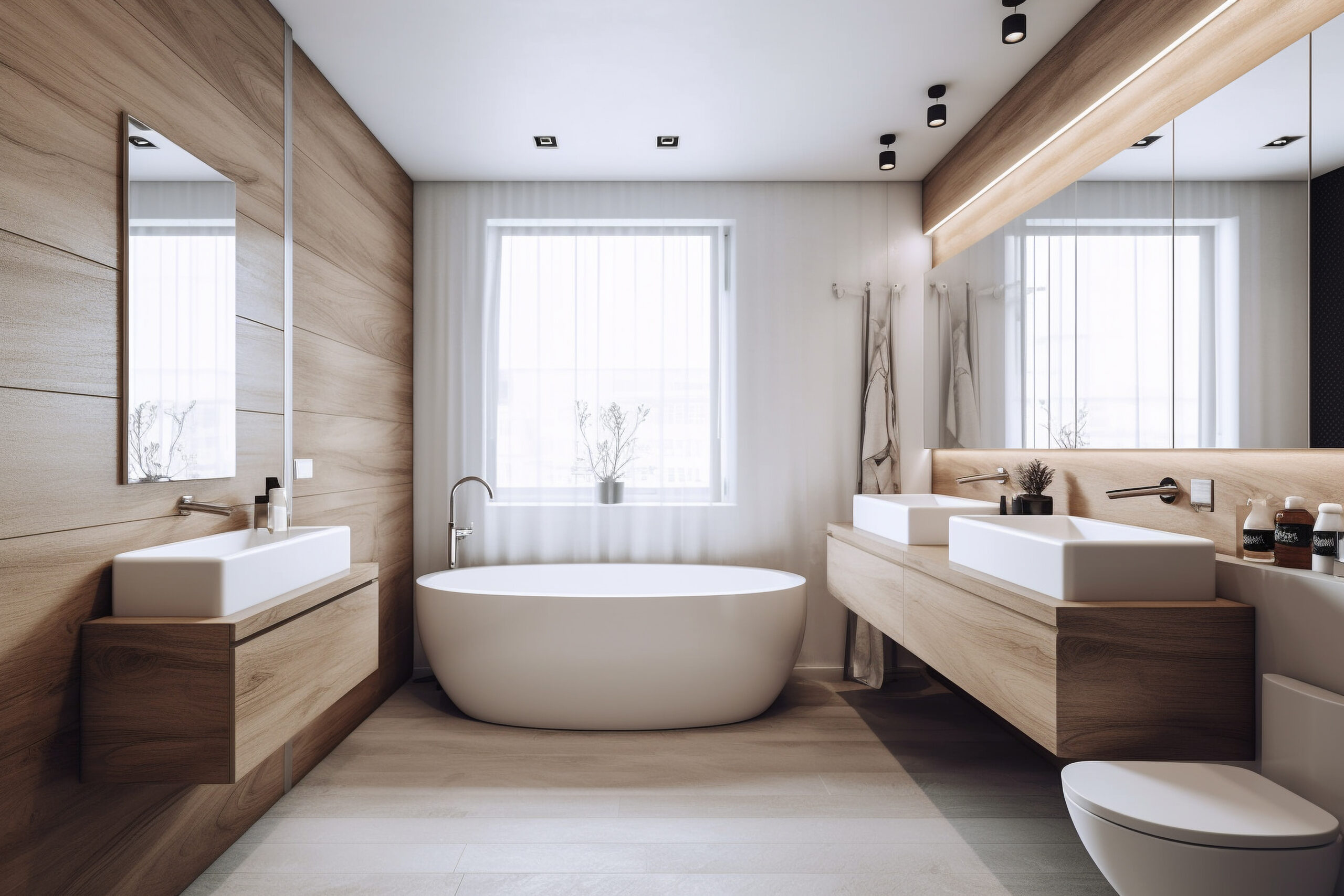 Scandinavian bathroom design with wood-panel walls, freestanding tub, floating double vanity and large mirror